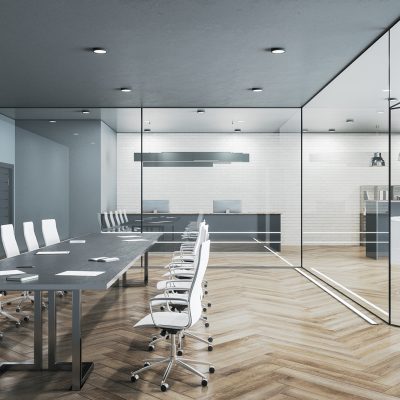 Modern conference interior with meeting table, glass wall and computers. Seminar and conference concept. 3D Rendering
