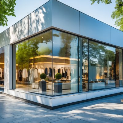A sleek and modern fashion boutique with a glass facade and a big window, viewed from the street