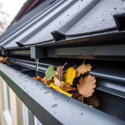 close-up of a dropping rainwater collector beneath a roof gutter, created with generative ai