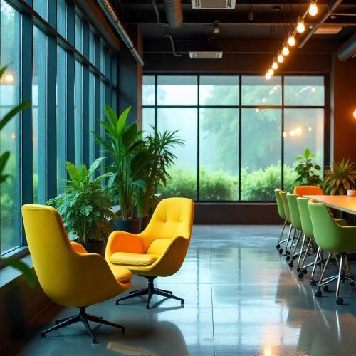 Modern office space with colorful chairs and green plants Modern office space with colorful chairs and green plants