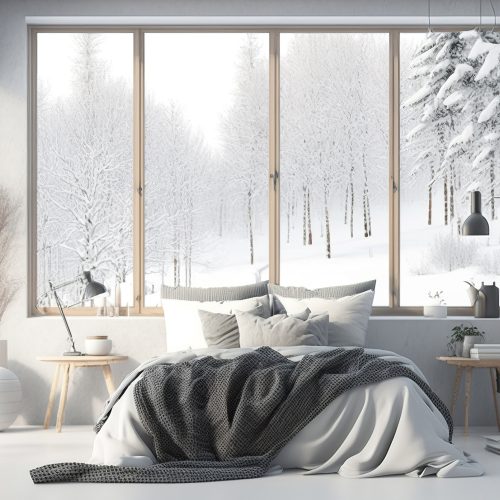 Modern interior design bedroom in scandinavian style. Apartment with large window and view winter. illustration Modern interior design bedroom in scandinavian style. Apartment with large window and view winter. illustration