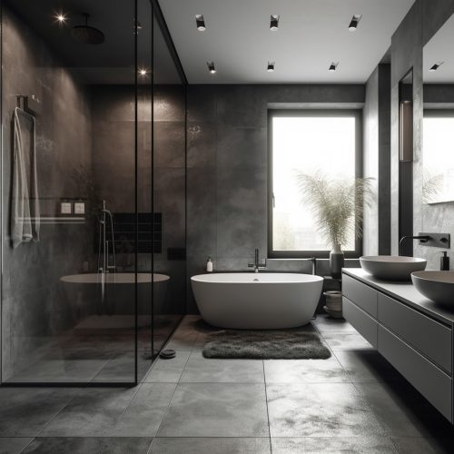 bathroom corner with a tub and a make up shelf. A double sink ne Comfortable bathtub and sink standing in modern bathroom