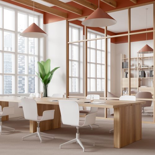 Beige office interior with meeting and relaxing room, panoramic window Corner view of modern office interior with conference space, chairs and board. Glass relaxing room with armchairs and shelf with documents. Panoramic window on Singapore skyscrapers. 3D rendering