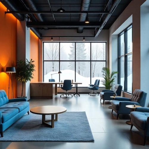 Modern office interior with vibrant colors and snowy view Modern office interior with vibrant colors and snowy view